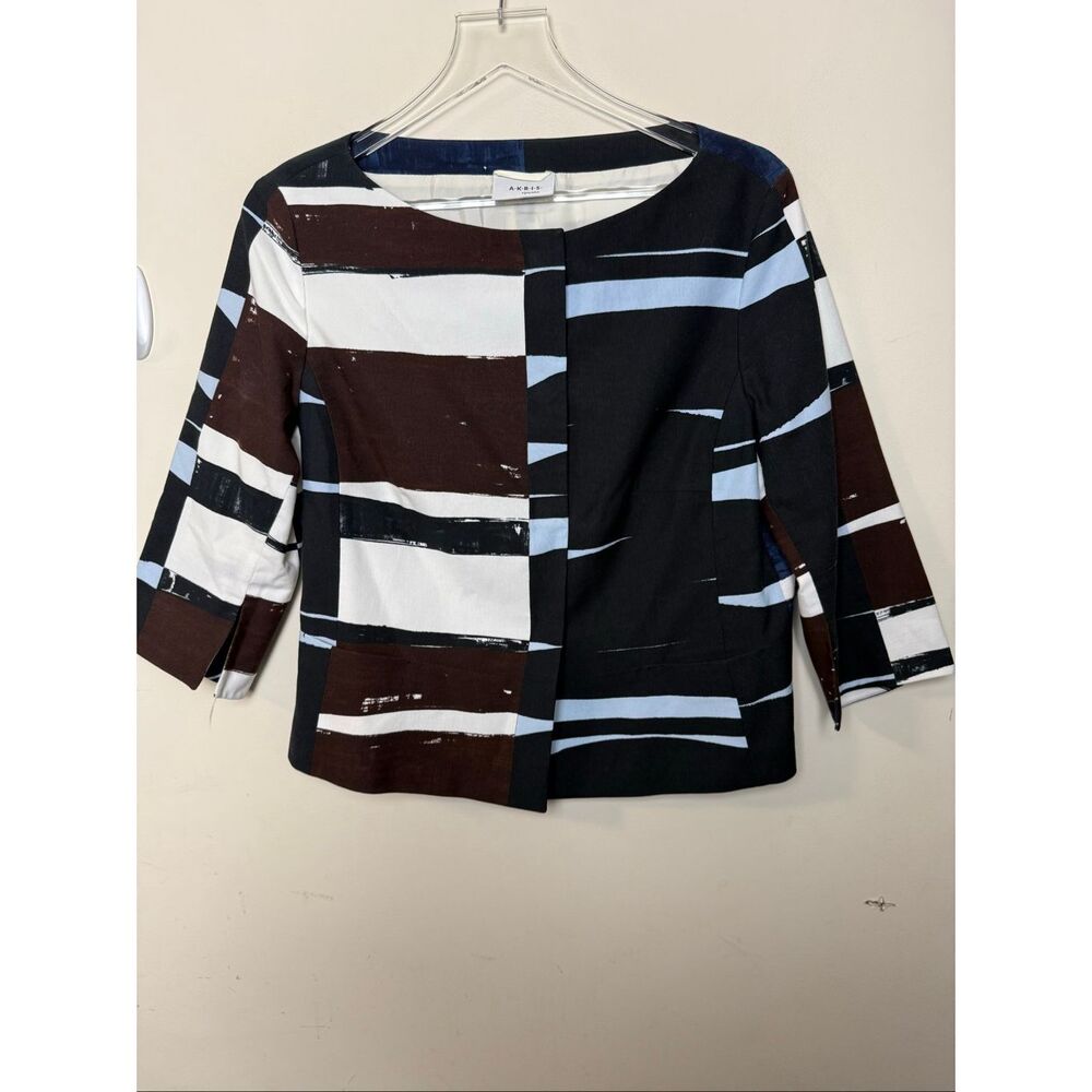 Akris Punto Abstract Striped Cotton Top Blue Brown Black White Size 10